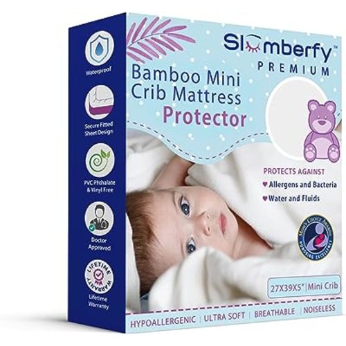 Mini Crib Mattress Protector by Slumberfy, Waterproof and Hypoallergenic Mattress Protector for Babies and Toddlers, Made of Bamboo Material -27x39 inches