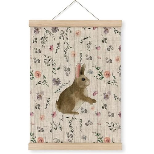 MAQIKA Wildflower Bunny Poster Framed with Wood Hanger, Baby Girl Nursery Decor, Girl Room Wall Art, Cute Bunny Wall Art Paints for Nursery Baby Girl's Room 12x16 Inch