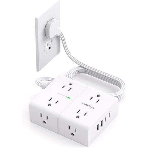 Surge Protector Power Strip, 5Ft Flat Extension Cord Flat Plug with 4 USB Charging Ports (2 USB C) 8 Widely Outlets, 1080J Wall Mount Outlet Extender, Office Supplies, Dorm Room Essentials