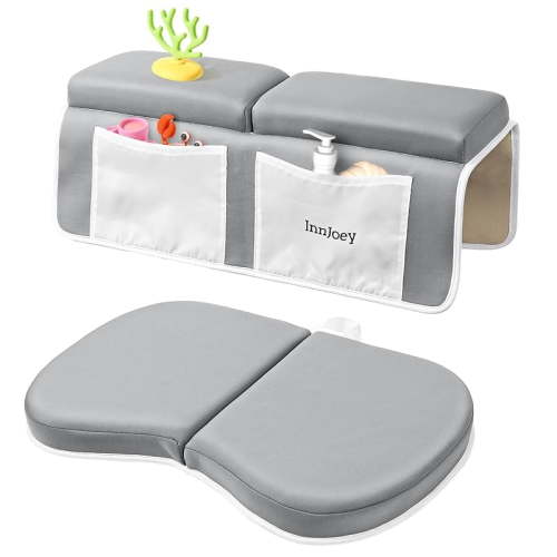 Bath Kneeler and Elbow Rest Pad Set, 1.6'' Extra Thick Bath Support for Knees and Elbows, Memory Foam Bath Mat with Toy Organizer Pockets, Quick-Dry Kneeling Pad for Bathing Baby Grey