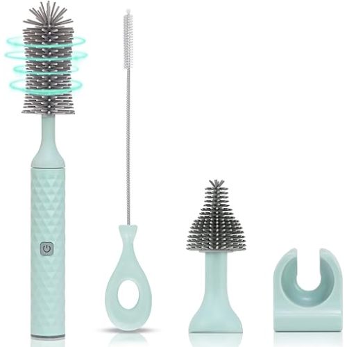 Electric Bottle Cleaner Set - 4 Piece Silicone Brush for Bottles, Pacifiers, Straws - USB Charged 360 High-Speed Rotation Cleaning