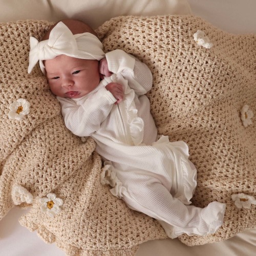 Cloud White Waffle Bamboo Zipper Ruffle Footie