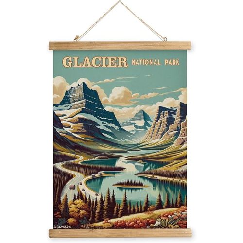 XIAOAIKA Vintage Glacier National Park Travel Poster with Wooden Scroll Frame – Holiday Decoration or Gift for Living Room, Bedroom, Office Wall Decor, Retro Art Print 16 x 23 Inches
