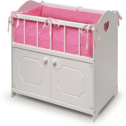 Badger Basket Wooden Baby Doll Crib with Bedding and Storage - Wooden Bed with Blanket, Pillow, and Personalization Kit - Ideal for Baby Dolls and Girl Dolls Ages 3+ - White