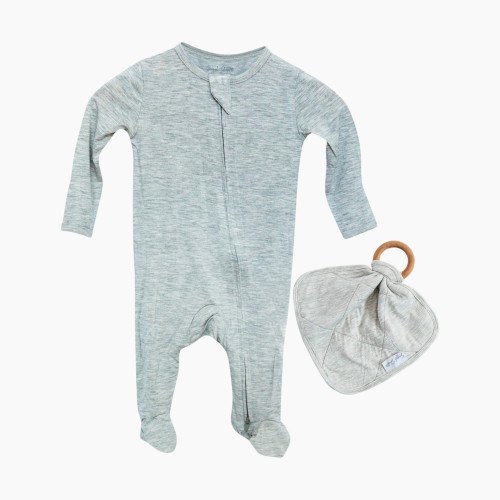 Snuggle Shield LUXE Bamboo Footed Sleeper and Lovey Teether Set - Heather Grey, 0-3 M