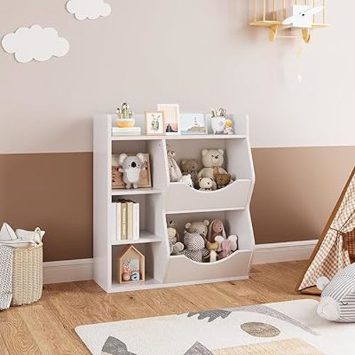 Kids 3-Tier Toy Storage Organizer Kids Bookshelf Double Side Toy Shelf White- 5 Compartment Bookshelf & Toy Shelf for Kids' Room, Bedroom, Living Room, and Kindergarten - for Toys and Books