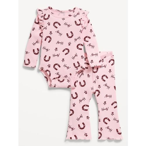 Printed Ribbed Ruffle-Trim Bodysuit and Pants Set for Baby