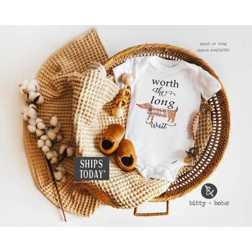 Worth the Wait Onesie®, Pregnancy Reveal, Pregnancy Announcement, Unisex Baby Clothes, Miracle Baby, IVF baby, Long Wait, Weiner Dog Onesie