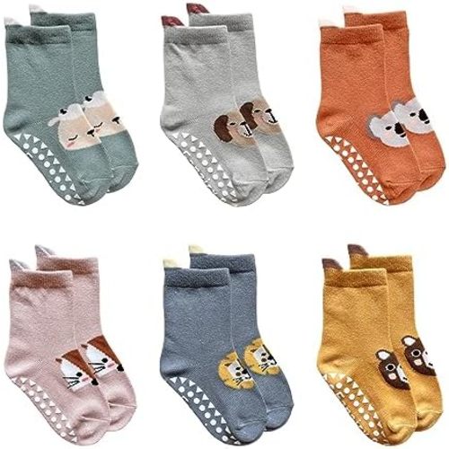 Toddler Animal Non Skid Crew Socks with Grips Baby Infant Boy Girl Non Slip Cotton Socks 6 Pairs