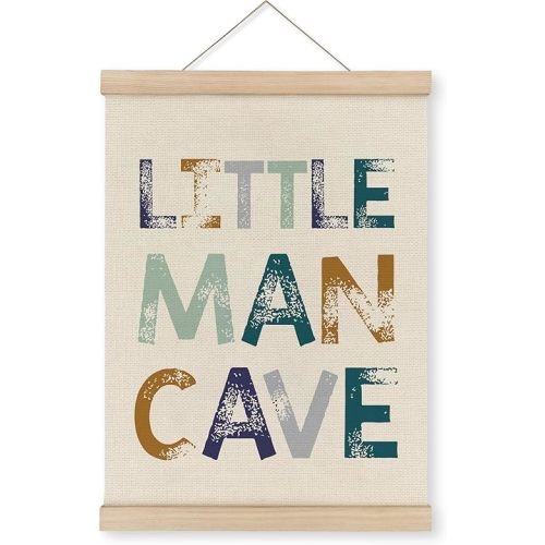MAQIKA Little Man Cave Poster Framed with Wood Hanger, Nursery Decor for Boys, Boy Nursery Hanging Wall Decor, Little Man Cave Sign Canvas Wall Art Paints for Toddler Boys Room 12x16 Inch