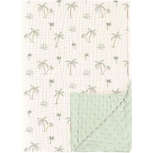Konssy Baby Blankets for Unisex Boys Girls, Super Soft Nursery Minky Blankets with Muslin Cotton Front and Dotted Fleece Backing, Printed Bed Throws Newborn