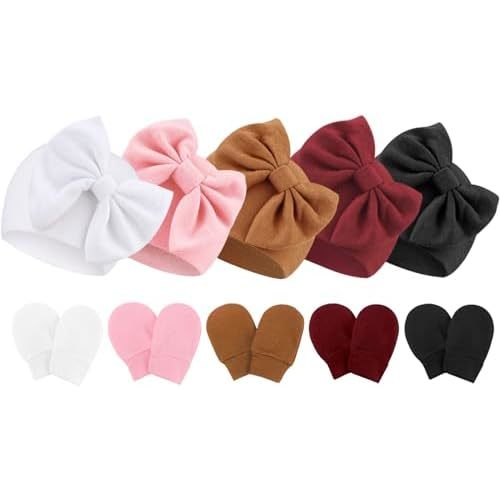 Newborn Baby Hats and Mittens Set Infant Bow Beanie Cap Toddler Gloves Newborn Hospital Hats for Baby Boy Girl 0-12 Months