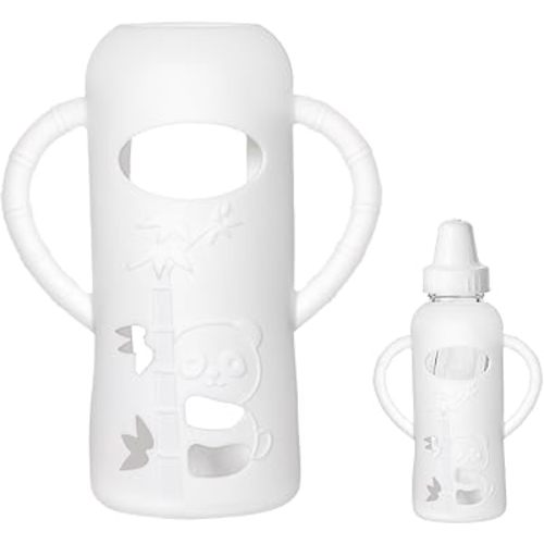 Silicone Sleeve Compatible with Evenflo 8oz Glass Bottle, Baby Bottle Silicone Sleeve with Antislip Handle and Thermal Insulation, White