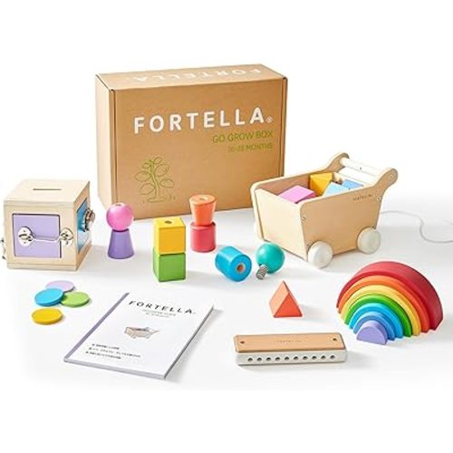 Fortella Montessori Toys for 1 Year Old, 6-in-1 Wooden Learning Educational Box Set with Latches Box, Pull Along Trolley, Nuts and Bolts, Harmonica, Rainbow Stacker, Developmental Toy Baby Gift