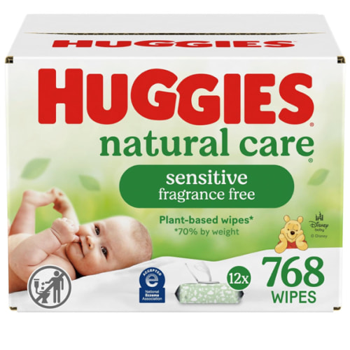 Huggies Natural Care Sensitive Baby Wipes, Unscented, Hypoallergenic, 99% Purified Water, 12 Flip-Top Packs (768 Wipes Total), Packaging May Vary