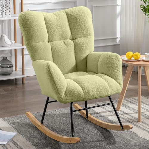 NIOIIKIT Nursery Rocking Chair Velvet Upholstered Glider Rocker Rocking Accent Chair Padded Seat with High Backrest Armchair Comfy Side Chair for Living Room Bedroom Offices (Olive Green)