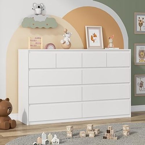 jiteentarou White Malm Dresser for Bedroom, 55" Wide 37" Tall Dresser with 10 Drawers, Modern Large Wood Chest of Drawer Handle Free, Living Room, Entryway, Hallway, White