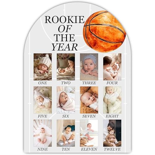 Rookie Of The Year My First Year Photo Board, Basketball Baby Milestone Signs for Boys Girls Nursery Decor, 12 Month Wooden Picture Board for 2x3 Photos, Best Babies Keepsake Gifts-A12