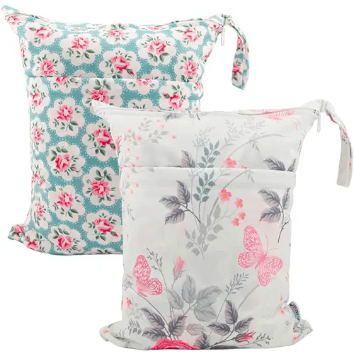 ALVABABY 2pcs Cloth Diaper Wet Dry Bags Waterproof Reusable with Two Zippered Pockets Travel Beach Pool Daycare Soiled Baby Items Yoga Gym Bag for Swimsuits or Wet Clothes L5166
