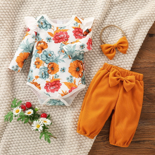 PatPat Baby 3pcs Romper and Solid Waffle Trouser Set,Floral Print Flutter Long Sleeve Jumpsuit Overall Winter Infant Girls Outfits,0-18 Month
