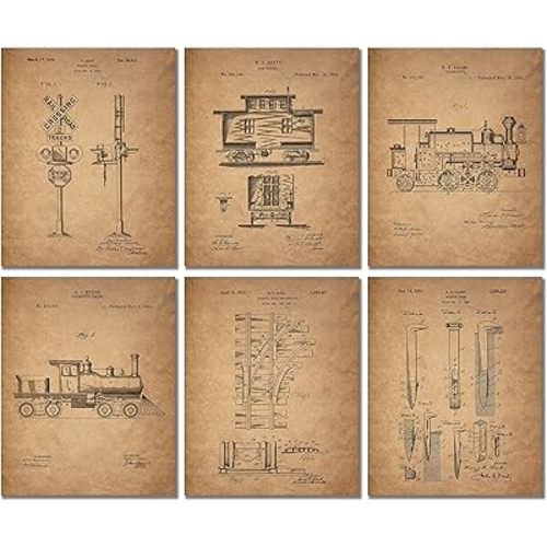 BigWig Prints - Railroad Train Patent Prints, Vintage Train Wall Art, Locomotive Railway Decor Pictures, Classic Railroad Wall Decorations, Blueprint Posters - Set Of 6 (8x10) Unframed
