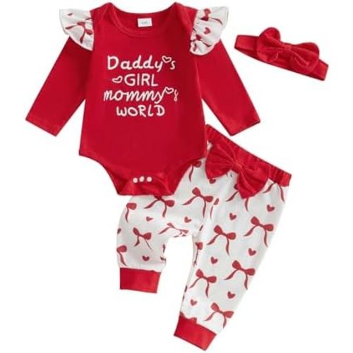 3Pcs Newborn Baby Girl Valentines Day Outfit Bow Ruffle Long Sleeve Romper Shirt Bodysuit Tops Pants Set Fall Clothes