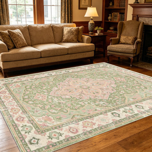 Bungalow Rose 1PC Vintage Sage Green & Blush Pink Distressed Persian Floral Boho area rugs for Living Room, Soft and Comfortable, Suitable for all seasons, easy-to-maintain, machine washable Indoor floor mat, Under Table Farmhouse suitable for dining room