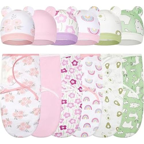 ramede 6 Pack Baby Swaddle Blanket with Hats Sleep Swaddle for 0-3 Months Newborn Sacks Soft Cotton Wearable for Baby Boy Girl Sleeping(Pink and Green, Flower)