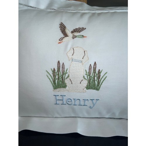 Exquisite Personalized Cotton Hemstitched Baby Pillow For Baby&#39;s Nursery-Personalized Baby Pillow-Baby Shower Gift-Yellow Lab Mallard Pillow