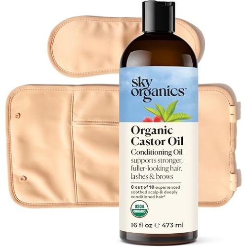 Sky Organics 16oz Castor Oil w/Wraps | Reusable Organic Castor Oil Pack to Boost Body's Wellness, Encourage Rest & Relaxation | Adjustable Elastic Straps Cotton Durable Easy to Use