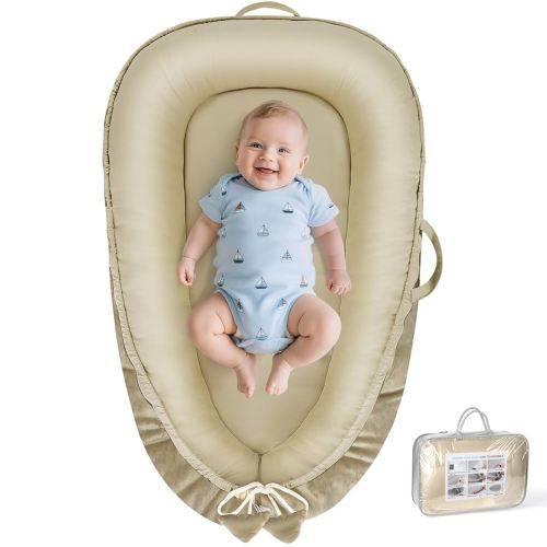 Baby Lounger - Baby Lounger for Newborn 0-24 Months, Breathable & Soft Cotton and Velvet Cover Baby Nest, Portable Tummy Time Lounger for Home and Travel, Ideal Baby Essentials & Shower Gifts