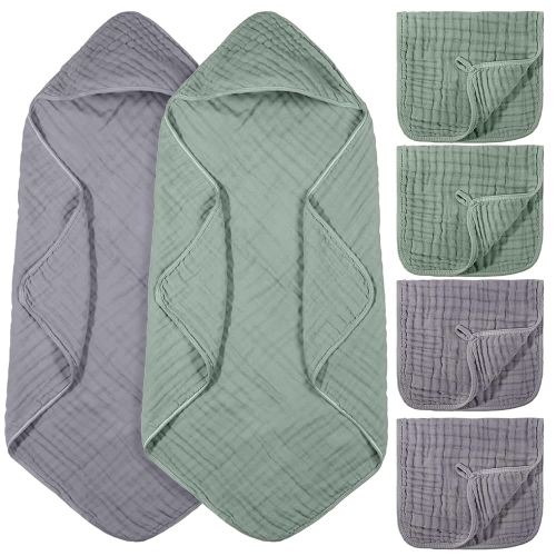 6 Pcs Baby Muslin Hooded Bath Towels and Washcloths, 32 x 32 Inch Muslin Cotton Hooded Baby Towels Absorbent Blankets for Gift Newborn Infant Shower(Green, Gray)