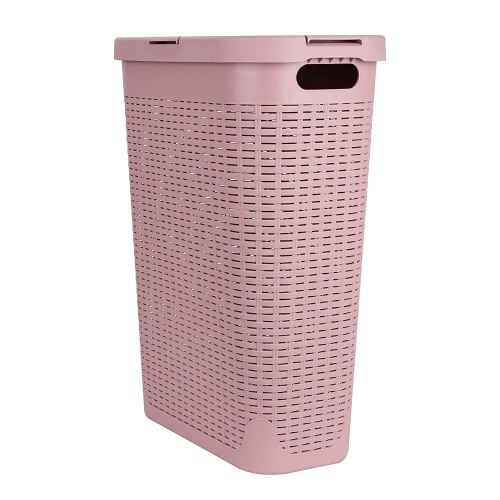 Mind Reader Slim Laundry Hamper with Lid, 40L Clothes Basket, Premium Wicker Design, Plastic, Pink