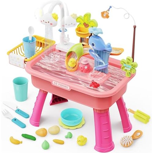 Water Table for Toddlers 1-3, Water Table for Kids Ages 4-8 with Pump, Play Sink with Running Water, Kitchen Sink for Toddlers, Fishing Game and Outside Sensory Toys, Pink