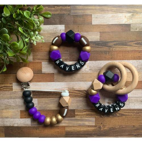 Baltimore Ravens Toy Collection - Pacifier Clip - Rattle - Go Ravens - Baby Ravens Toy - Rattle - Purple - Gold - Football - Baby Gift - Toy