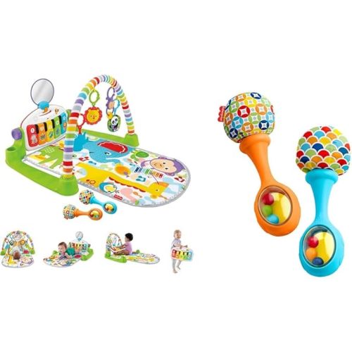 Fisher-Price Baby Playmat Deluxe Kick & Play Piano Gym & Maracas with Smart Stages Learning Content Baby Newborn Toys Rattle 'n Rock Maracas - Kick N Play Green + Maracas - Baby Playmat set + Toys Blue Orange