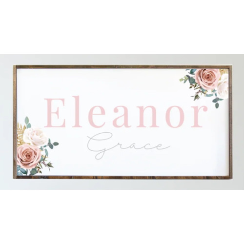 Farmhouse wood framed nursery name sign, floral – Happyism, Inc. (see notes for details)