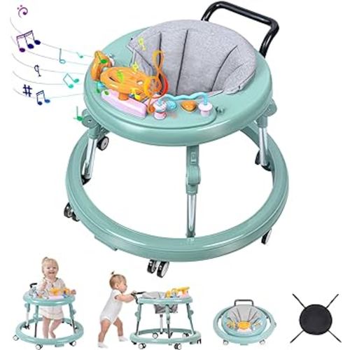 Baby Walker, Foldable 9-Gear Height Adjustable Baby Walker with Wheels, Infant Toddler Walker with Music Disk, Anti-Fall Baby Walkers and Activity Center with Foot Pads for Boys and Girls 6-24 Months