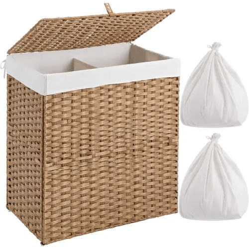 GREENSTELL Laundry Hamper with lid, No Install Needed, 110L Wicker Laundry Baskets Foldable 2 Removable Liner Bags, 2 Section Clothes Hamper Handwoven Rattan Laundry Basket with Handles, Natural
