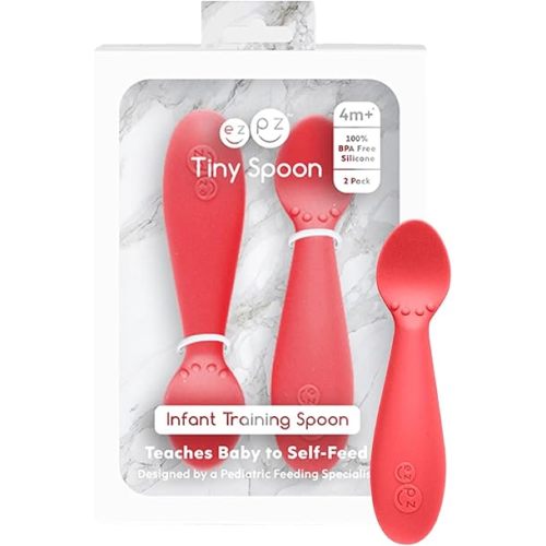 ezpz Tiny Spoon (2 Pack in Coral) - 100% Silicone Baby Spoon for Baby Led Weaning + Purees - 6 Months + - Designed by a Pediatric Feeding Specialist - Baby Essentials & Baby Gifts