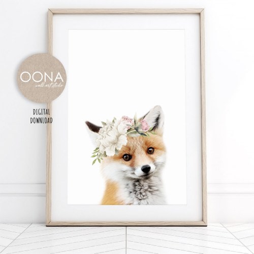 Baby Girl Nursery Wall Art Baby Fox Print Toddler Girl Wall Art Girl Woodland Decor Woodland Animal Print Fox Cub & Flowers DIGITAL DOWNLOAD