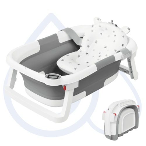 Aprpink Foldable Baby Bathtub PP+TPE with Soft Cushion&Thermometer for 0-36 Months Toddler Gray