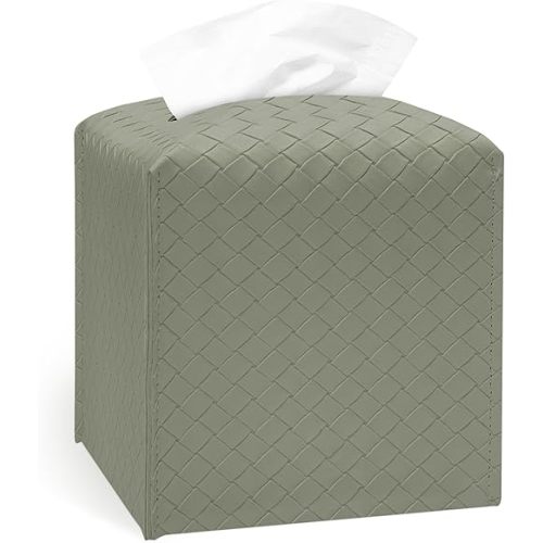 Tissue Box Cover Holder, PU Leather Tissue Box Cover with Braided Pattern, Square Tissue Holder with Bottom Belt, Modern Organizer for Bathroom, Car, Office,(Rock Gray Green, 12 Braided Patterns)