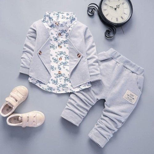 Stylish Baby Boy Outfit With Blue Floral Faux 2 Top and Pants