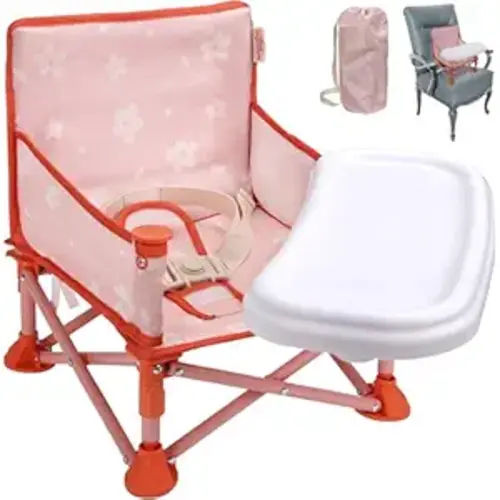 Tiny Marvels 3-in-1 Portable Baby Chair, Foldable Booster Seat with Removable Tray, Safety Harness & Carry Bag for Dining, Travel, Camping, Beach, 6M-3Y (Blush Petals)