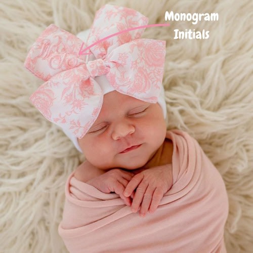 Melondipity White Hospital Hat with Pink or Blue White Classic Toile Motif Patterned Bow for Newborn Baby | Double Ply for Extra Warmth