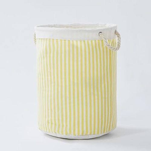 Large Storage Laundry Hamper Basket 62L with Handles for Dirty Clothes Toy Organizer Bins, Waterproof, Collapsible Laundry Hamper, Classic Stripes Pattern, Yellow Color, 1-Pack, Bathroom, Dorm