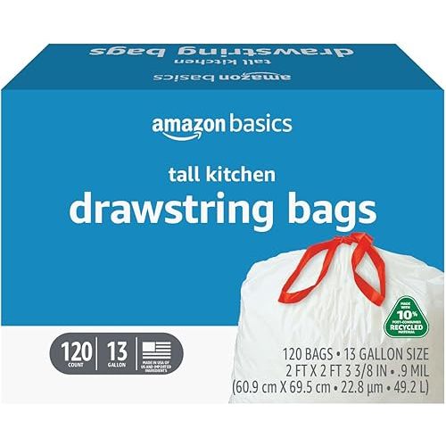 Amazon Basics - Tall Kitchen Trash Bags, 13 Gallon, 10% Post Consumer Recycled Content, Unscented, 120 Count, Pack of 1