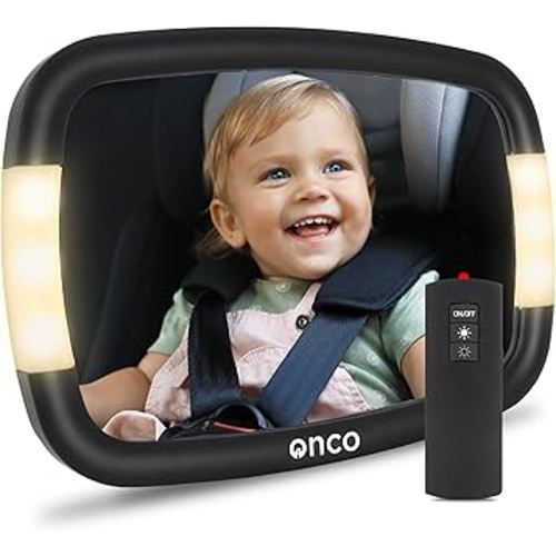 Onco LED Baby Car Mirror with Light - 2 Modes for Day & Night Driving, 100% Shatterproof Baby Mirror for Car, 360° Car Mirror for Baby, Universal Car Seat Mirror for Baby Rear Facing, NEW & IMPROVED