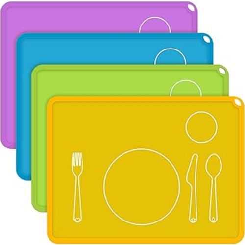 Zhehao 4 Pcs Montessori Kids Placemat 16 x 12'' Non Slip Baby Silicone Placemats for Toddlers Baby Eating Mat Food Mats for Toddler Dining Table Setting Learning Travel Kitchen(Light Colors)